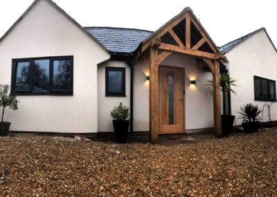 Attractive oak framed porch on the front of a bungalow extension in Thrapson