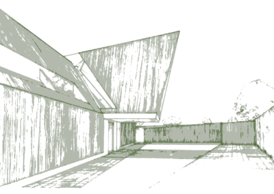 Line drawing / sketch of a proposed futuristic property with paragraph 80 granted planning permission